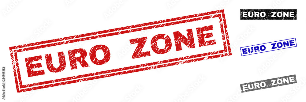 Grunge EURO ZONE rectangle stamp seals isolated on a white background. Rectangular seals with grunge texture in red, blue, black and gray colors. Grunge EURO ZONE rectangle stamp seals isolated on a white background. Rectangular seals with grunge texture in red, blue, black and gray colors.