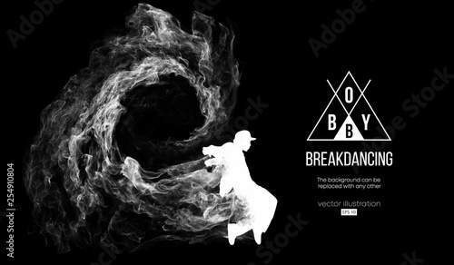 Abstract silhouette of a breakdancer, man, bboy, breaker, breaking on the dark black background from particles, dust, smoke. Hip-hop dancer. Background can be changed to any other. Vector illustration