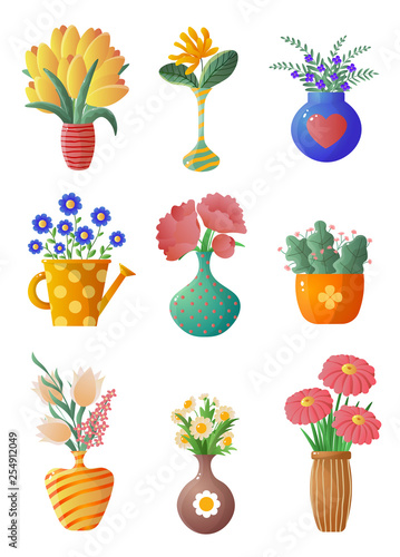 Set of house plants and flowers in pots and vases