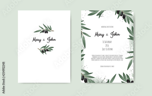Botanical wedding invitation card template design with Olive branch.