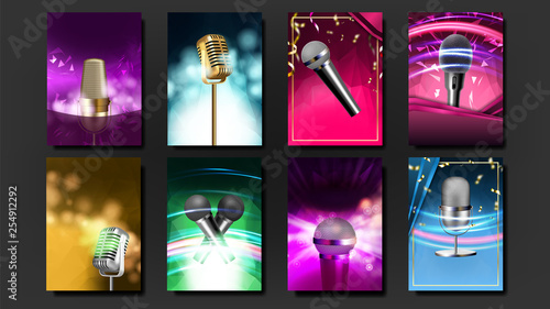 Karaoke Poster Template Blank Set Vector. Mic Design. Disco Banner. Voice Equipment. Sing Song. Luxury Emblem. Audio Element. Dance Event. Realistic Illustration