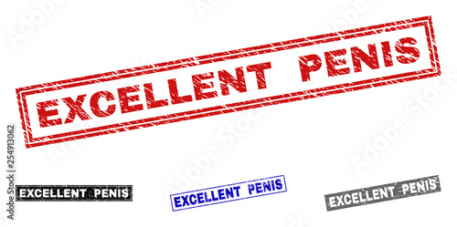 Grunge EXCELLENT PENIS rectangle stamp seals isolated on a white background. Rectangular seals with distress texture in red, blue, black and gray colors.