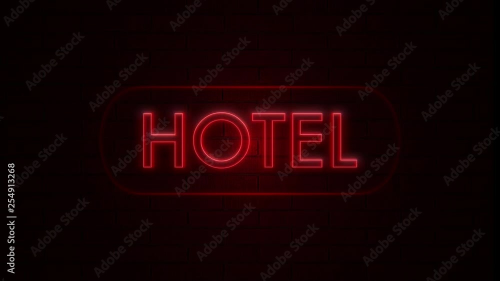 Hotel Neon red Light on Brick Wall. Sale Banner Blinking Neon Sign Style, loop. 4k Hotel Neon red Light on Brick Wall. Sale Banner Blinking Neon Sign Style, loop. 4k
