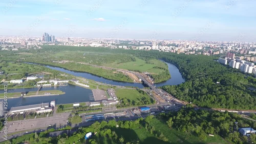 Drone shoot of the river and park next to the stadium Luzhniki in Moscow aerial view Drone shoot of the river and park next to the stadium Luzhniki in Moscow aerial view