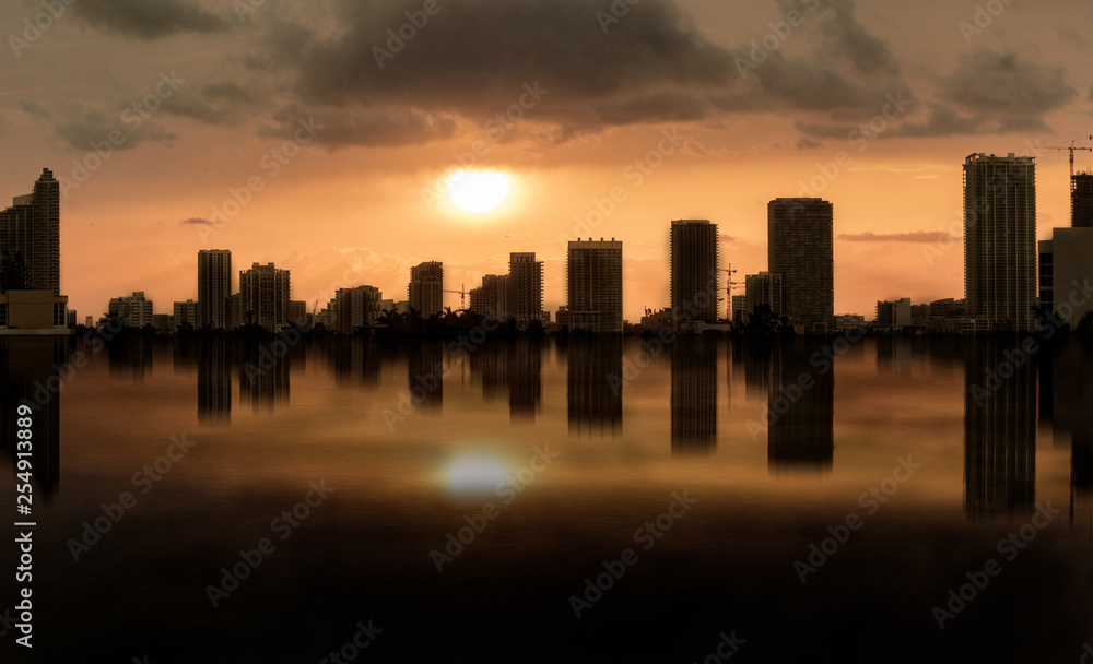 vibrant city sunset reflections