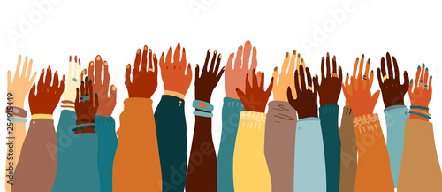 Illustration of a people's hands with different skin color together facing up. Race equality, feminism, tolerance art in minimal style.