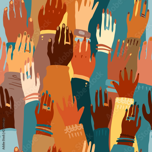 Illustration of a people's hands with different skin color together. Race equality, feminism, tolerance art in minimal style. Seamless tile pattern.