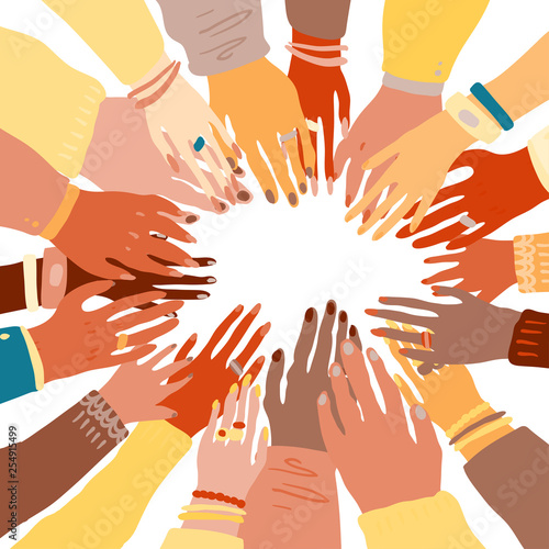 Illustration of a people's hands with different skin color together holding each other. Race equality, feminism, tolerance art in minimal style.