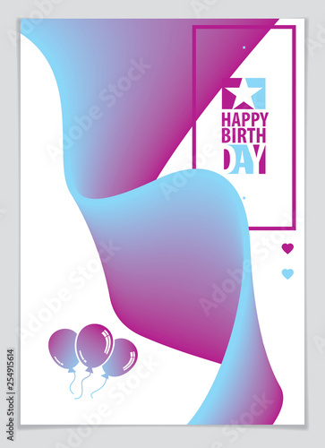 Birthday greeting card vector design. Includes lettering composition and balloons combined with wavy fluid colorful shape abstract background. A4 format with CMYK colors acceptable for print.