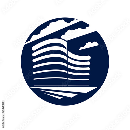 Office building round shape icon or logo, modern architecture vector illustration. Real estate realty business center design. 3D futuristic facade in big city.
