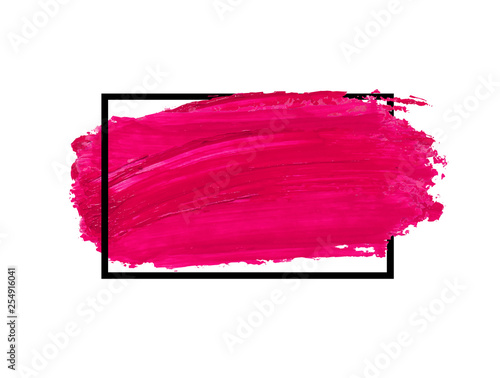 Pink brush stroke banner isolated on white background. Abstract hand painted lipstick background.