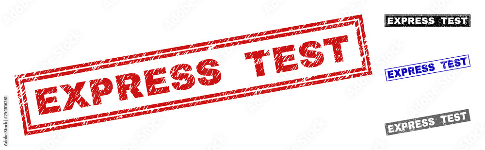 Grunge EXPRESS TEST rectangle stamp seals isolated on a white background. Rectangular seals with grunge texture in red, blue, black and gray colors. Grunge EXPRESS TEST rectangle stamp seals isolated on a white background. Rectangular seals with grunge texture in red, blue, black and gray colors.