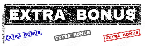 Grunge EXTRA BONUS rectangle stamp seals isolated on a white background. Rectangular seals with grunge texture in red, blue, black and grey colors.