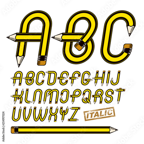 Set of vector upper case English alphabet letters isolated created using stationery design, constructed with pencils. Best for use in logotype design for drawing art class.