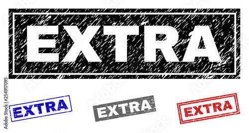 Grunge EXTRA rectangle stamp seals isolated on a white background. Rectangular seals with grunge texture in red, blue, black and grey colors.