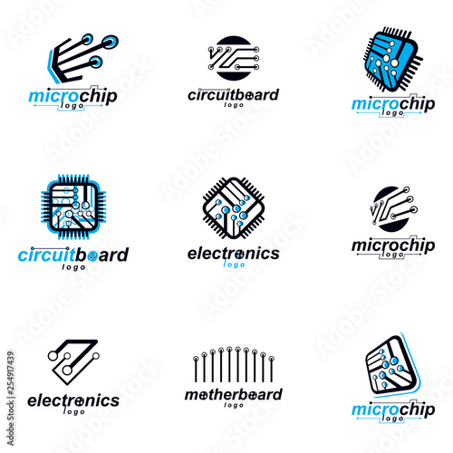 Set of microprocessor scheme abstract logotypes. Futuristic cybernetic vector motherboard. Digital elements, circuit board.