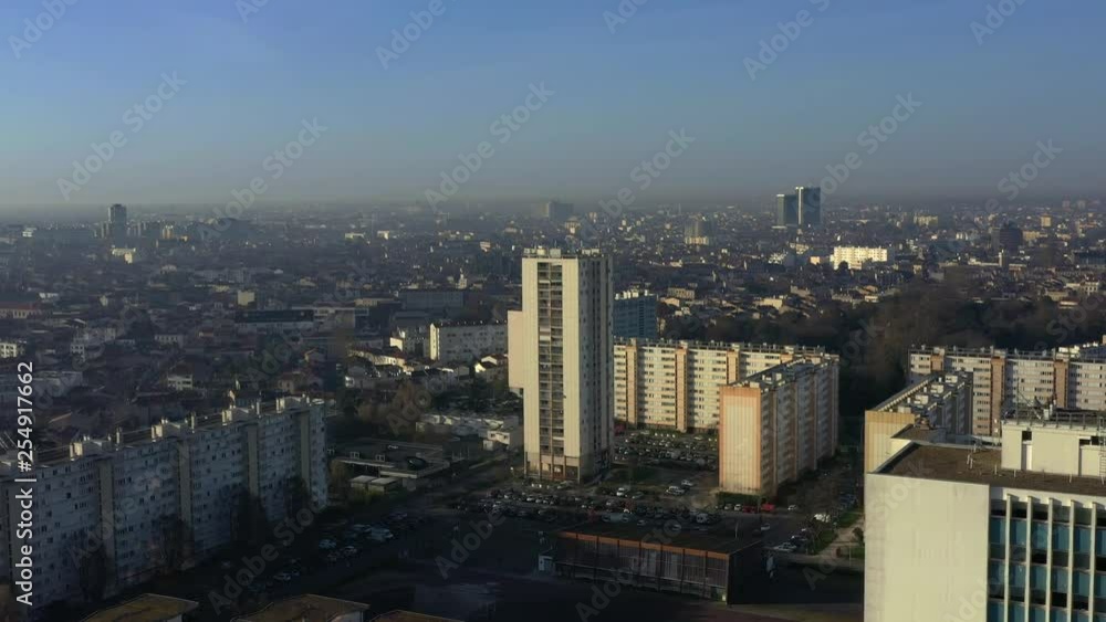 Drone flies over a Banlieue in Bordeaux, Gilles jaune suburb Drone flies over a Banlieue in Bordeaux, Gilles jaune suburb