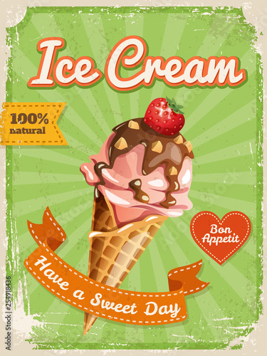 Vector sweet ice cream poster in vintage style with typography elements