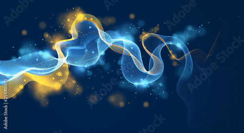 Sound wave over dark, particles flow, effect in motion. Dynamic vector abstract background. 3d shape shining dots blended mesh, future technology relaxing wallpaper.