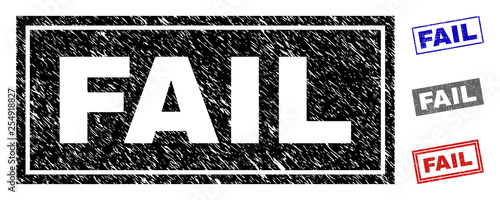 Grunge FAIL rectangle stamp seals isolated on a white background. Rectangular seals with grunge texture in red, blue, black and grey colors. Vector rubber imprint of FAIL tag inside rectangle frames.