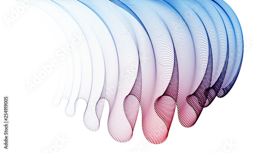 Wave of flowing particles abstract vector background, smooth curvy shape dots transparent tulle textile on wind. 3d shape dots blended mesh, relaxing tranquil wallpaper.