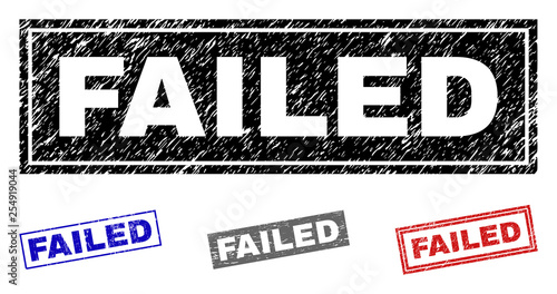 Grunge FAILED rectangle stamp seals isolated on a white background. Rectangular seals with grunge texture in red, blue, black and gray colors.