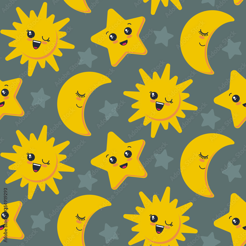 Obraz premium Vector seamless pattern with cute smiling sun, moon, star faces.