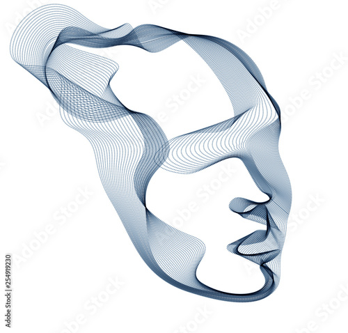 Abstract artistic human head portrait made of dotted particles array, vector illustration of Artificial Intelligence, software digital visual interface.