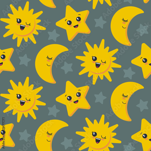 Vector seamless pattern with cute smiling sun, moon, star faces. © Andrei