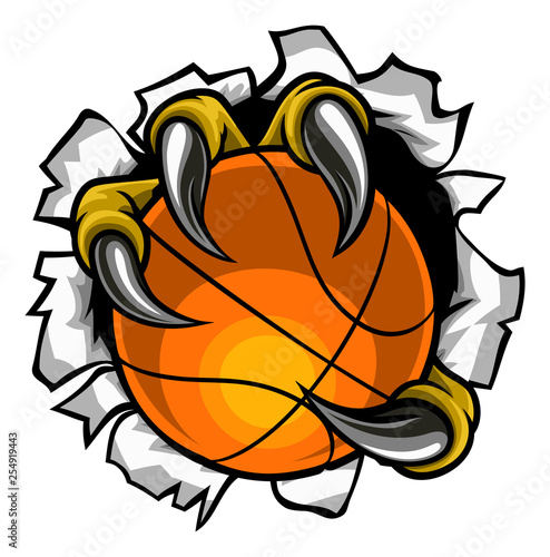 Eagle, bird or monster claw or talons holding a basketball ball and tearing through the background. Sports graphic.