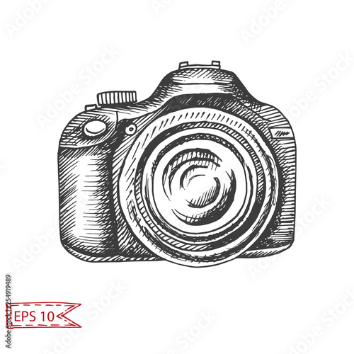 Vector hand drawn sketch Professional SLR camera, photocamera.