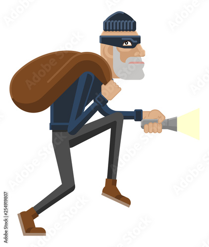 A thief, burglar or robber criminal cartoon mascot with his bag of swag and torch