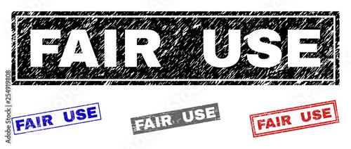 Grunge FAIR USE rectangle stamp seals isolated on a white background. Rectangular seals with grunge texture in red, blue, black and grey colors.