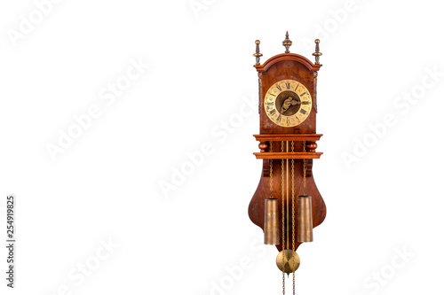 Old wooden wall clock isolated on white background - image