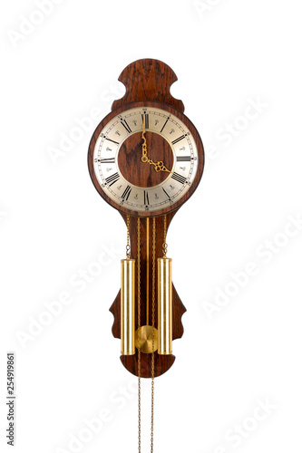 Old wooden wall clock isolated on white background - image