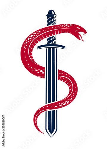 Snake and Dagger, Serpent wraps around a sword vector vintage tattoo, Roman god Mercury, luck and trickery, allegorical logo or emblem of ancient symbol.
