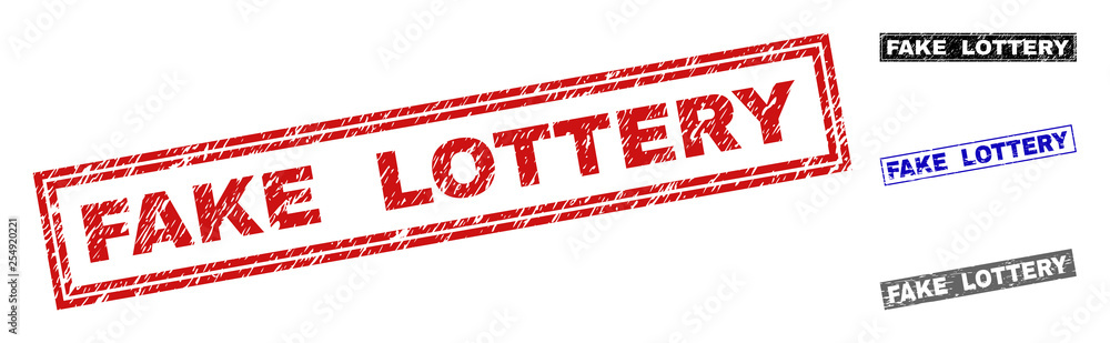 Grunge FAKE LOTTERY rectangle stamp seals isolated on a white background. Rectangular seals with grunge texture in red, blue, black and grey colors. Grunge FAKE LOTTERY rectangle stamp seals isolated on a white background. Rectangular seals with grunge texture in red, blue, black and grey colors.