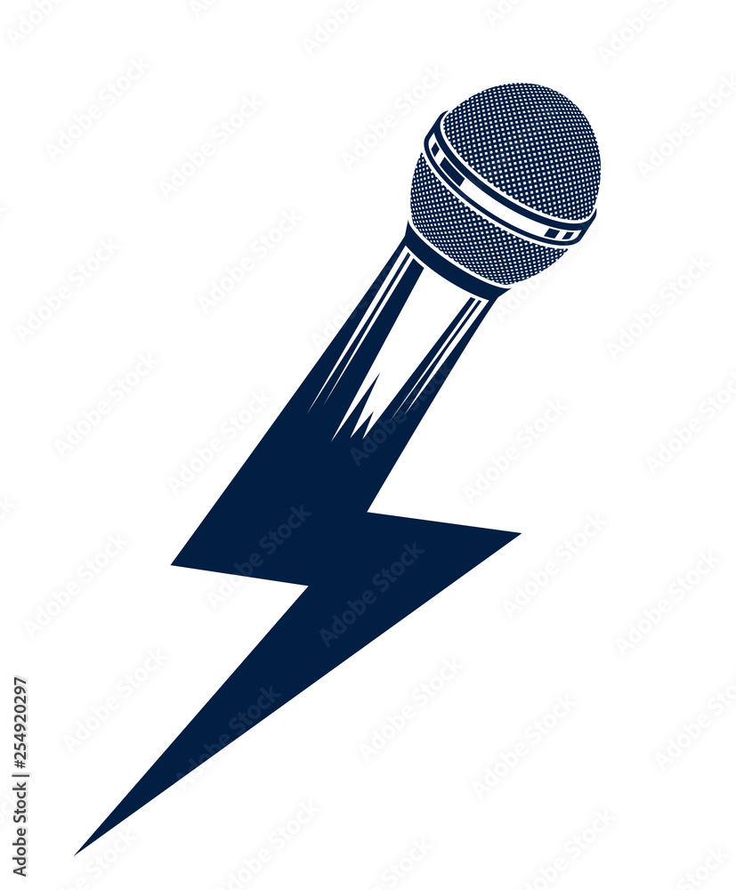Vektorová grafika „Microphone in a shape of lightning, mic like a bolt,  breaking news concept, rap battle rhymes music, karaoke singing or standup  comedy, vector logo or illustration.“ ze služby Stock