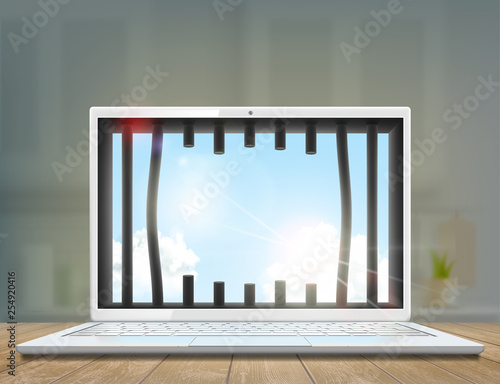 Window with prison bars in the laptop screen.