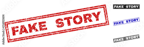 Grunge FAKE STORY rectangle stamp seals isolated on a white background. Rectangular seals with grunge texture in red, blue, black and gray colors.