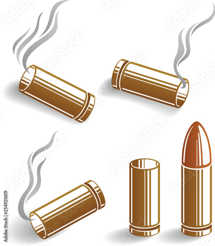 Bullets and used cartridges vector illustrations set, ammo for 9mm handgun gun.