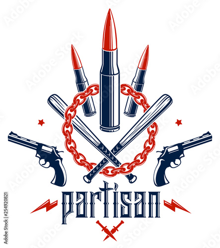 Revolution and War vector emblem with bullets and guns, logo or tattoo with lots of different design elements, riot partisan warrior, criminal and anarchist style, social tension theme.