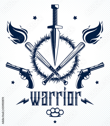 Revolution and War vector emblem with dagger knife and other weapons , tattoo with lots of design elements, riot partisan warrior, criminal and anarchist style, social tension theme.