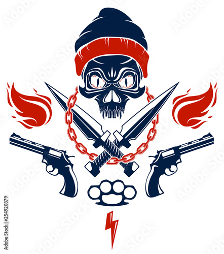 Revolution and Riot wicked emblem or logo with aggressive skull, weapons and different design elements , vector tattoo, anarchy and chaos, rebel partisan and revolutionary.