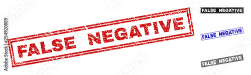 Grunge FALSE NEGATIVE rectangle stamp seals isolated on a white background. Rectangular seals with grunge texture in red, blue, black and gray colors.