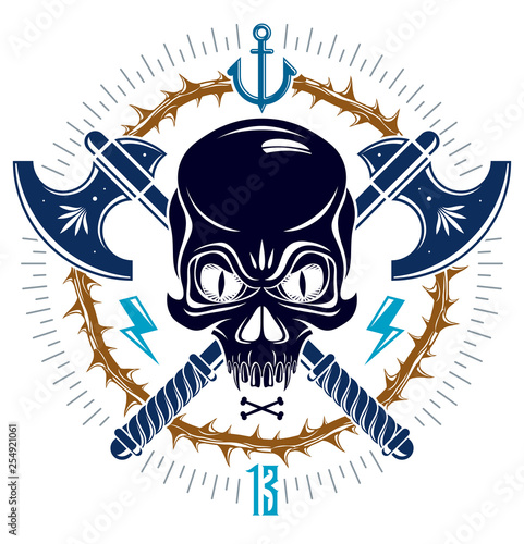 Aggressive skull pirate emblem Jolly Roger with weapons and other design elements, vector vintage style logo or tattoo dead head.