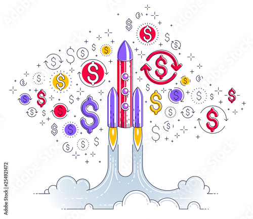 Startup rockets take off, space rockets flying start up business concept, vector illustration.