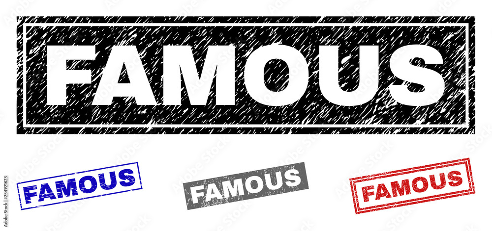 Grunge FAMOUS rectangle stamp seals isolated on a white background. Rectangular seals with distress texture in red, blue, black and grey colors. Grunge FAMOUS rectangle stamp seals isolated on a white background. Rectangular seals with distress texture in red, blue, black and grey colors.