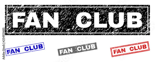 Grunge FAN CLUB rectangle stamp seals isolated on a white background. Rectangular seals with grunge texture in red, blue, black and gray colors.