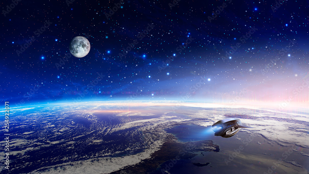 Fototapeta premium Space scene. Colorful nebula with earth planet, moon and spaceship. Elements furnished by NASA. 3D rendering